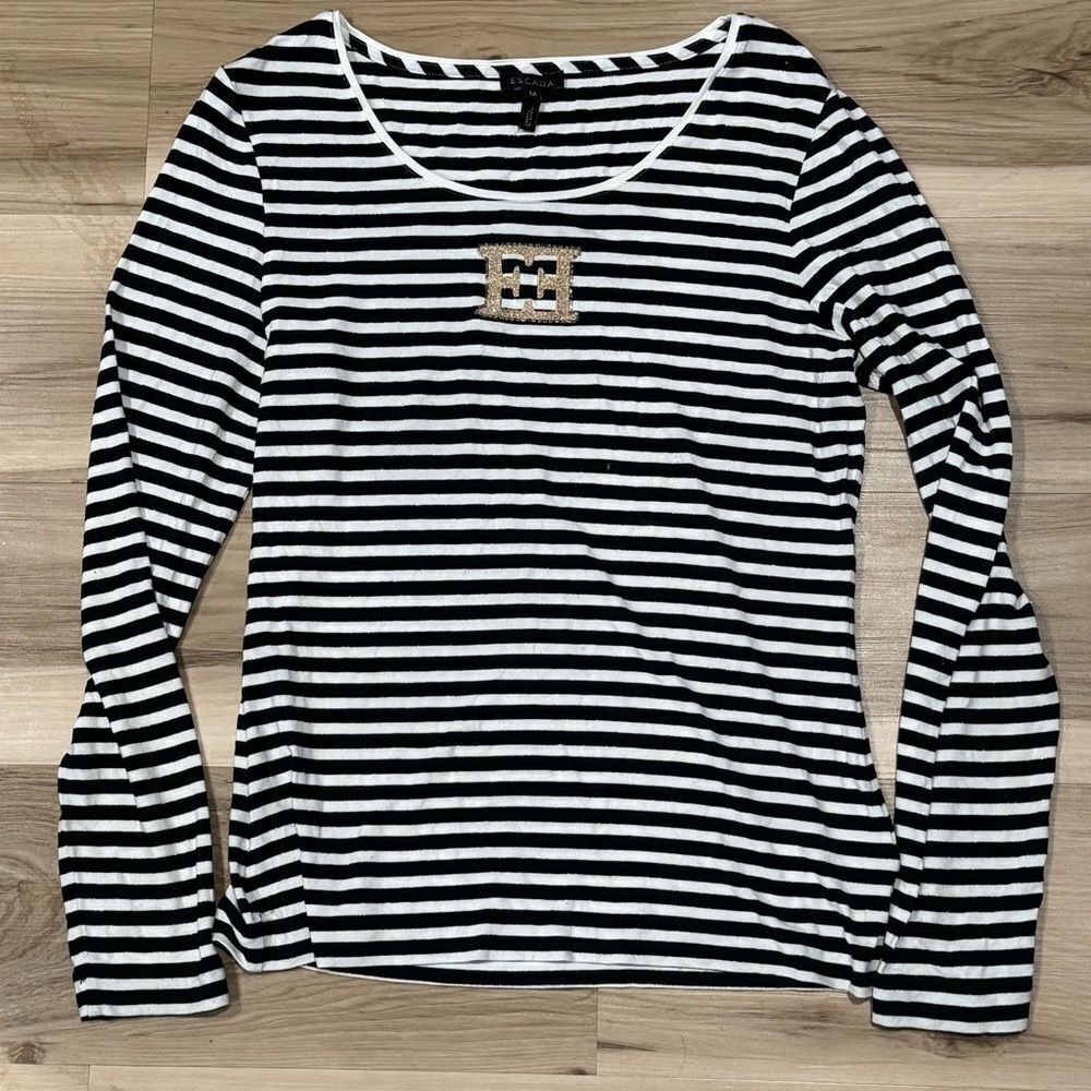 Escada Black White Gold Striped Logo Long Sleeve Shirt Top Women’s Medium